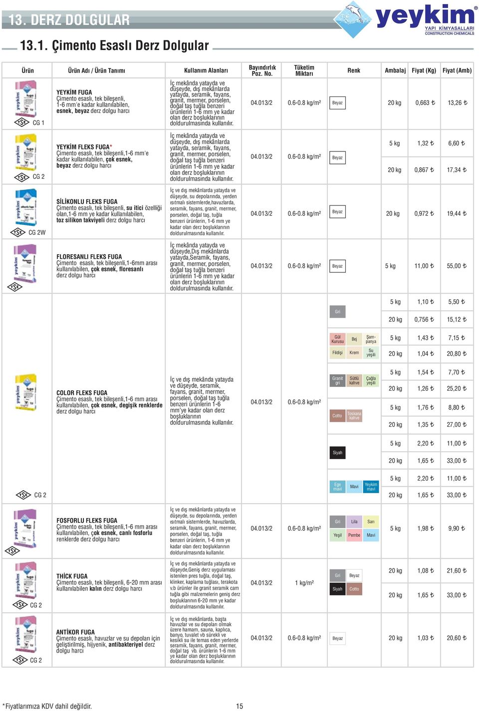 8 kg/m² Beyaz 20 kg 0,663 13,26 CG 2 YEYKİM FLEKS FUGA* 1-6 mm'e kadar kullanılabilen, çok esnek, beyaz derz dolgu harcı İç mekânda yatayda ve düşeyde, dış mekânlarda yatayda, seramik, fayans,