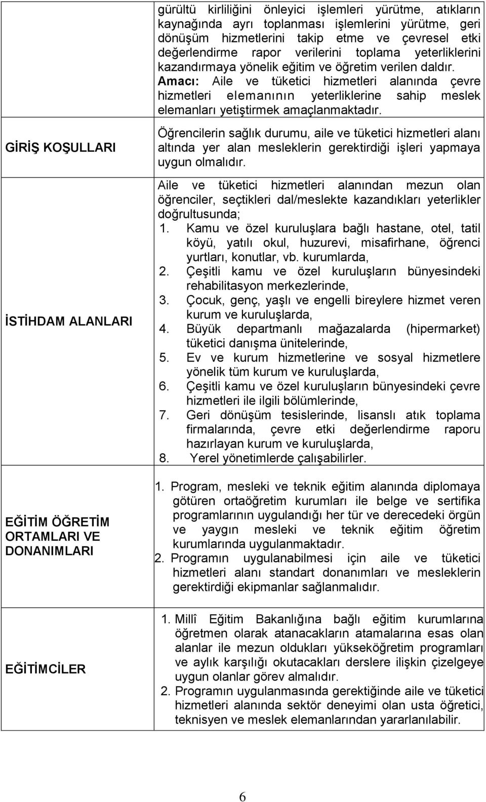 Amacı: Aile ve tüketici hizmetleri alanında çevre hizmetleri elemanının yeterliklerine sahip meslek elemanları yetiştirmek amaçlanmaktadır.