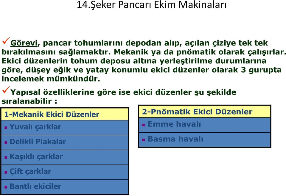 Ekici düzenlerin tohum deposu altına yerleştirilme durumlarına göre, düşey eğik ve yatay konumlu ekici düzenler olarak 3