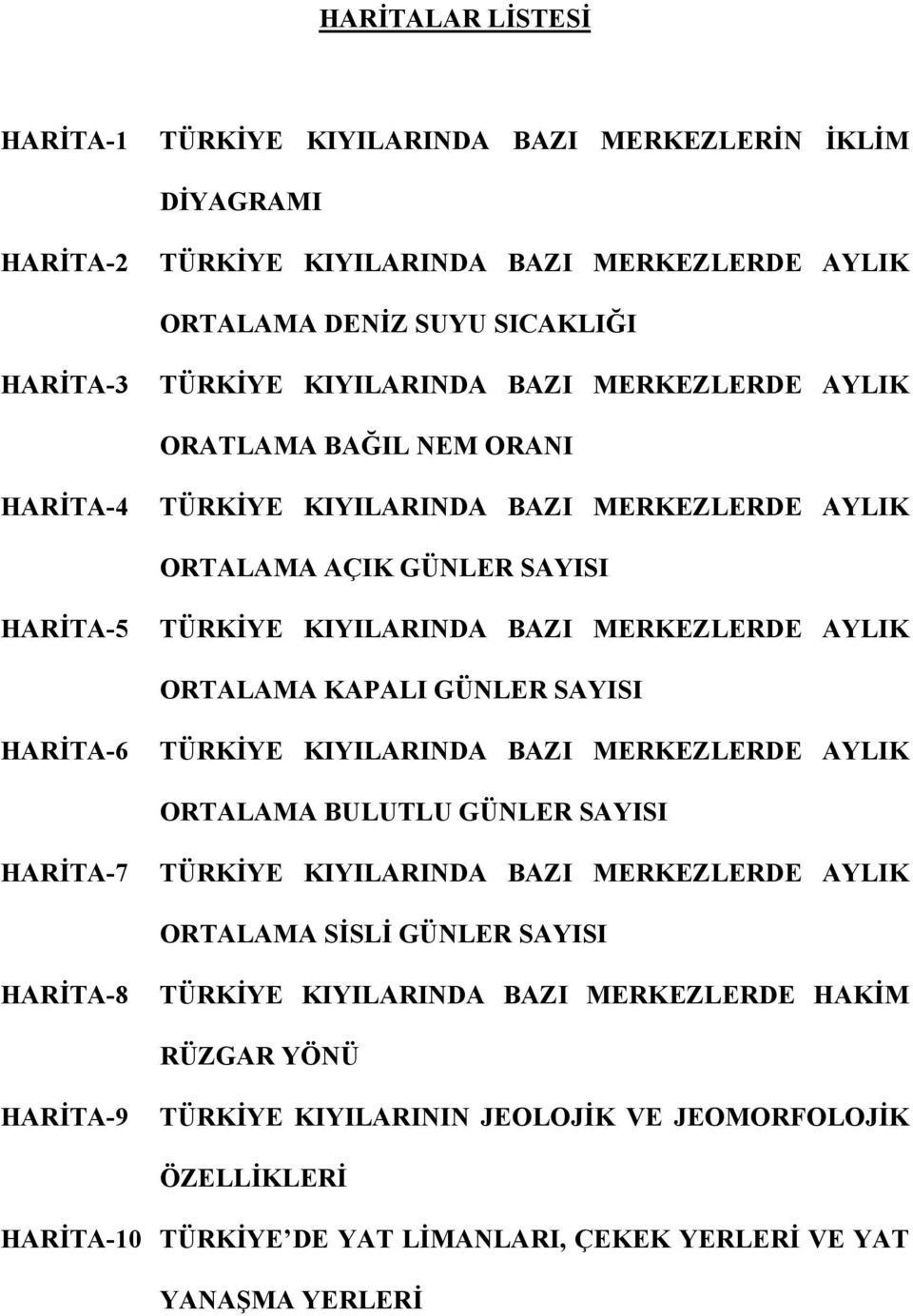 KAPALI GÜNLER SAYISI HARİTA-6 TÜRKİYE KIYILARINDA BAZI MERKEZLERDE AYLIK ORTALAMA BULUTLU GÜNLER SAYISI HARİTA-7 TÜRKİYE KIYILARINDA BAZI MERKEZLERDE AYLIK ORTALAMA SİSLİ GÜNLER SAYISI