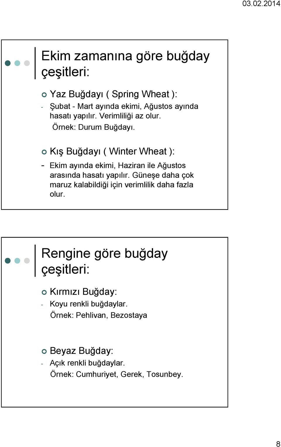 Kış Buğdayı ( Winter Wheat ): - Ekim ayında ekimi, Haziran ile Ağustos arasında hasatı yapılır.