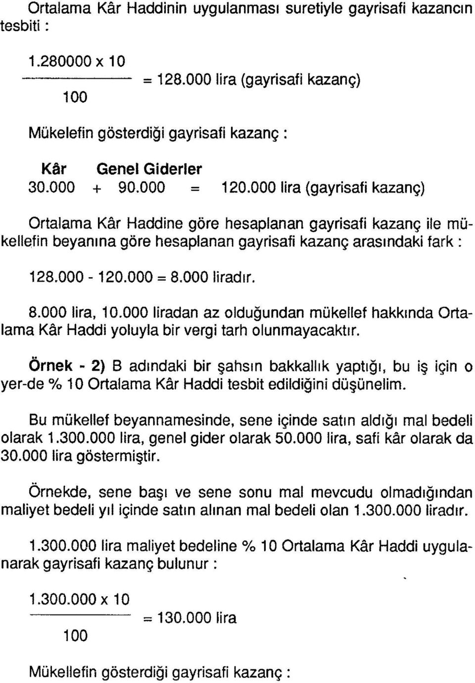 8.000 lira, 10.000 liradan az olduğundan mükellef hakkında Ortalama Kar Haddi yoluyla bir vergi tarh olunmayacaktır.