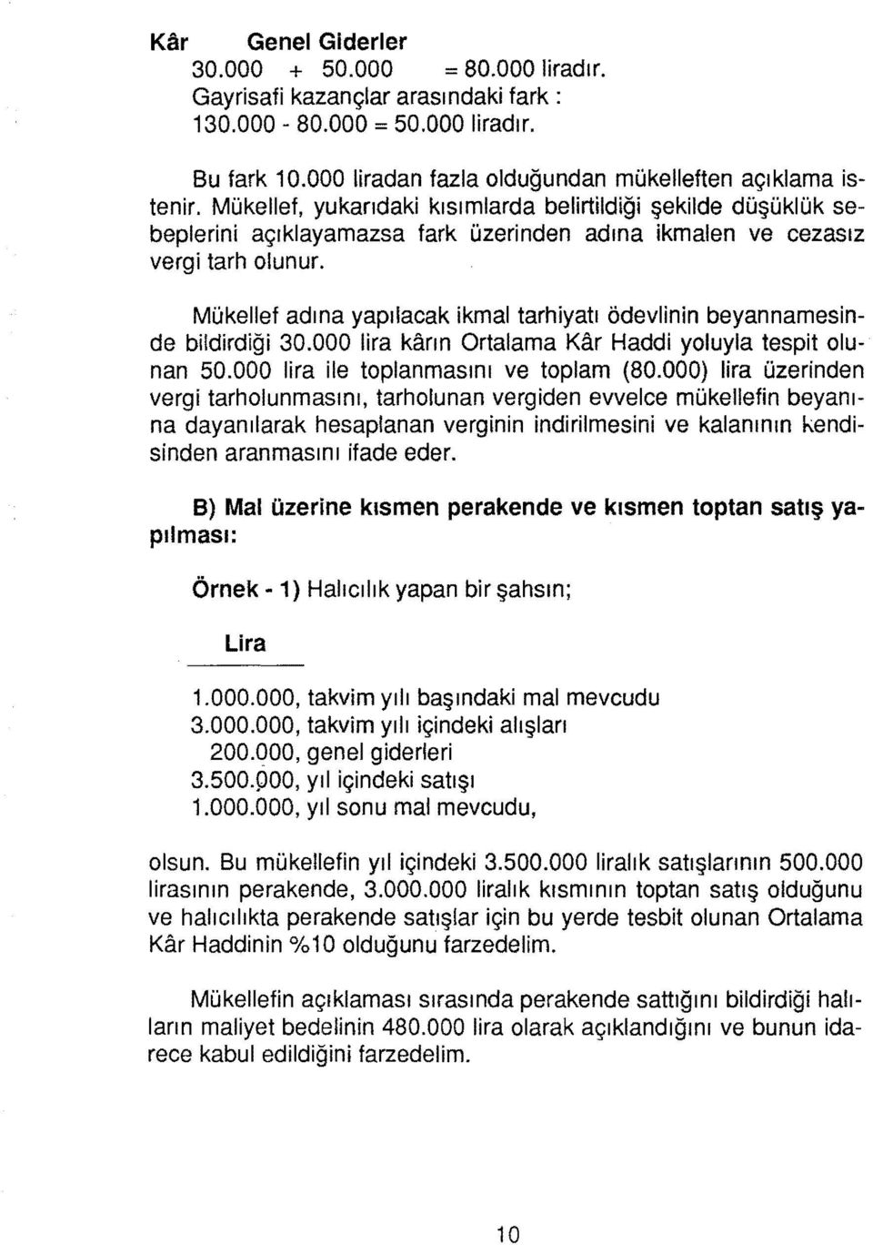 Mükellef adına yapılacak ikmal tarhiyatı ödeviinin beyannamesinde bildirdiği 30.000 lira karın Ortalama Kar Haddi yoluyla tespit olunan 50.000 lira ile toplanmasını ve toplam (80.