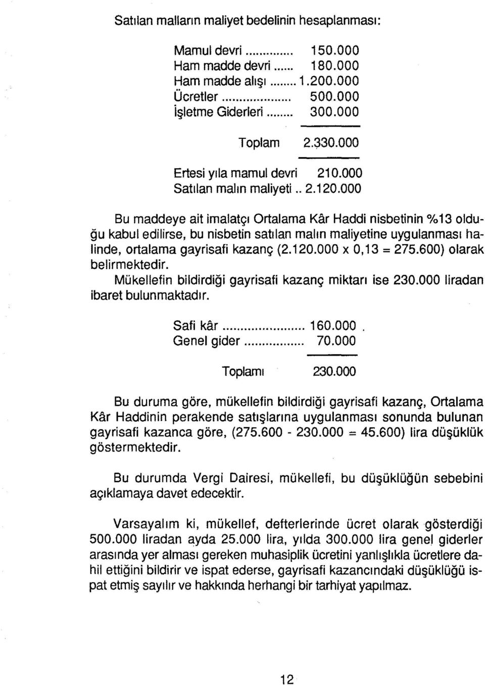 000 Bu maddeye ait imalatçı Ortalama Kar Haddi nisbetinin % 13 olduğu kabul edilirse, bu nisbetin satılan malın maliyetine uygulanması halinde, ortalama gayrisafi kazanç (2.120.000 x 0,13 = 275.