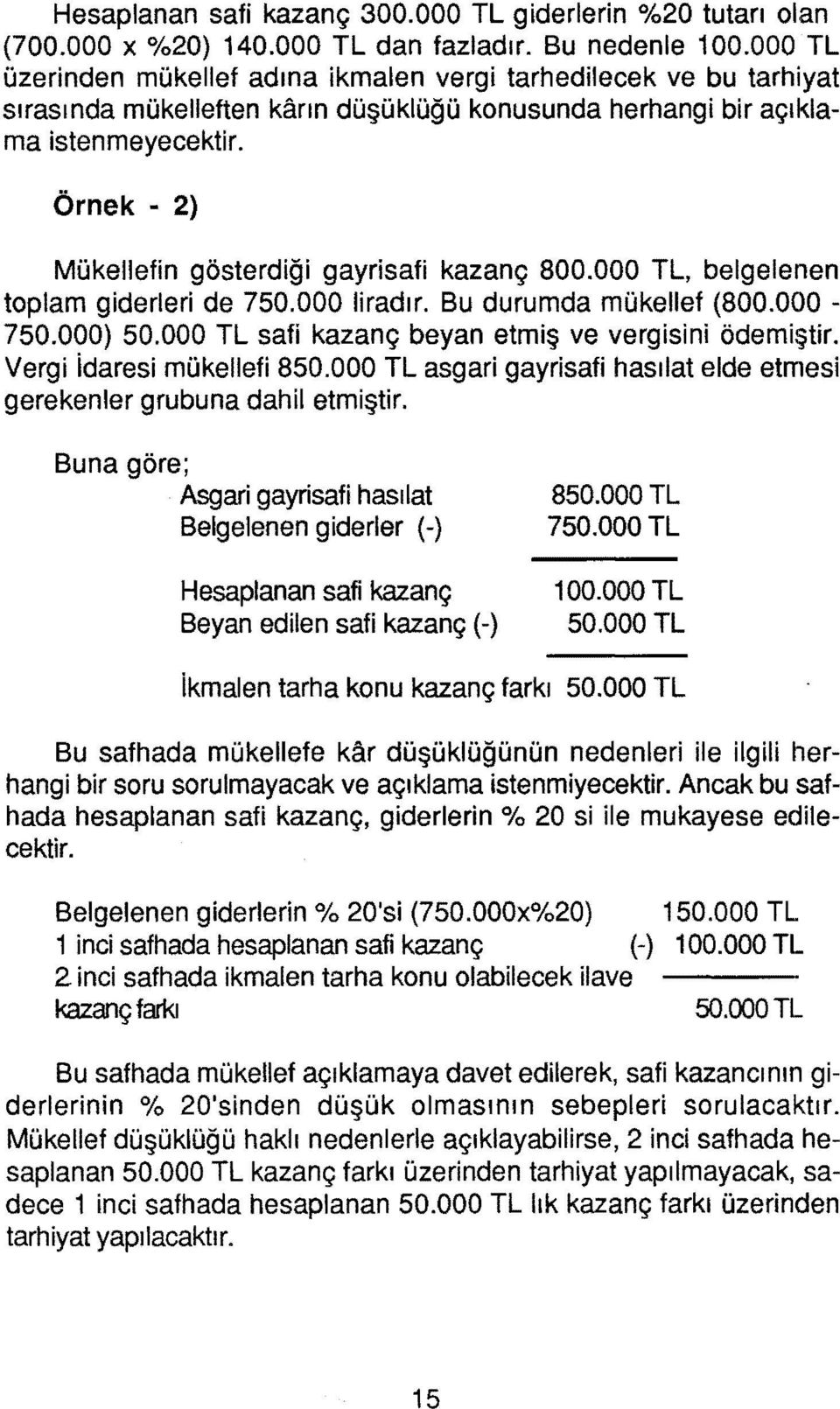 Örnek - 2) Mükellefin gösterdiği gayrisafi kazanç 800.000 TL, belgelenen toplam giderleri de 750.000 liradır. Bu durumda mükellef (800.000-750.000) 50.
