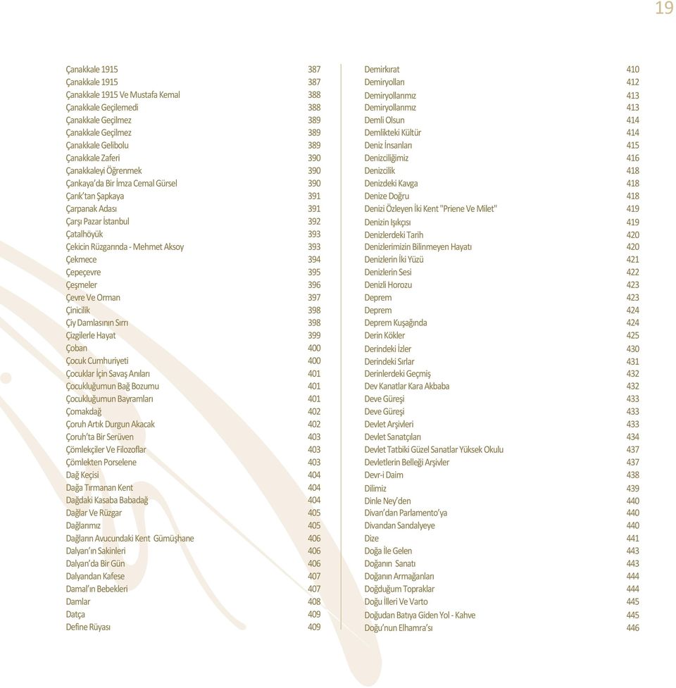 Cemal Gürsel 390 Denizdeki Kavga 418 Çarık tan Şapkaya 391 Denize Doğru 418 Çarpanak Adası 391 Denizi Özleyen İki Kent "Priene Ve Milet" 419 Çarşı Pazar İstanbul 392 Denizin Işıkçısı 419 Çatalhöyük