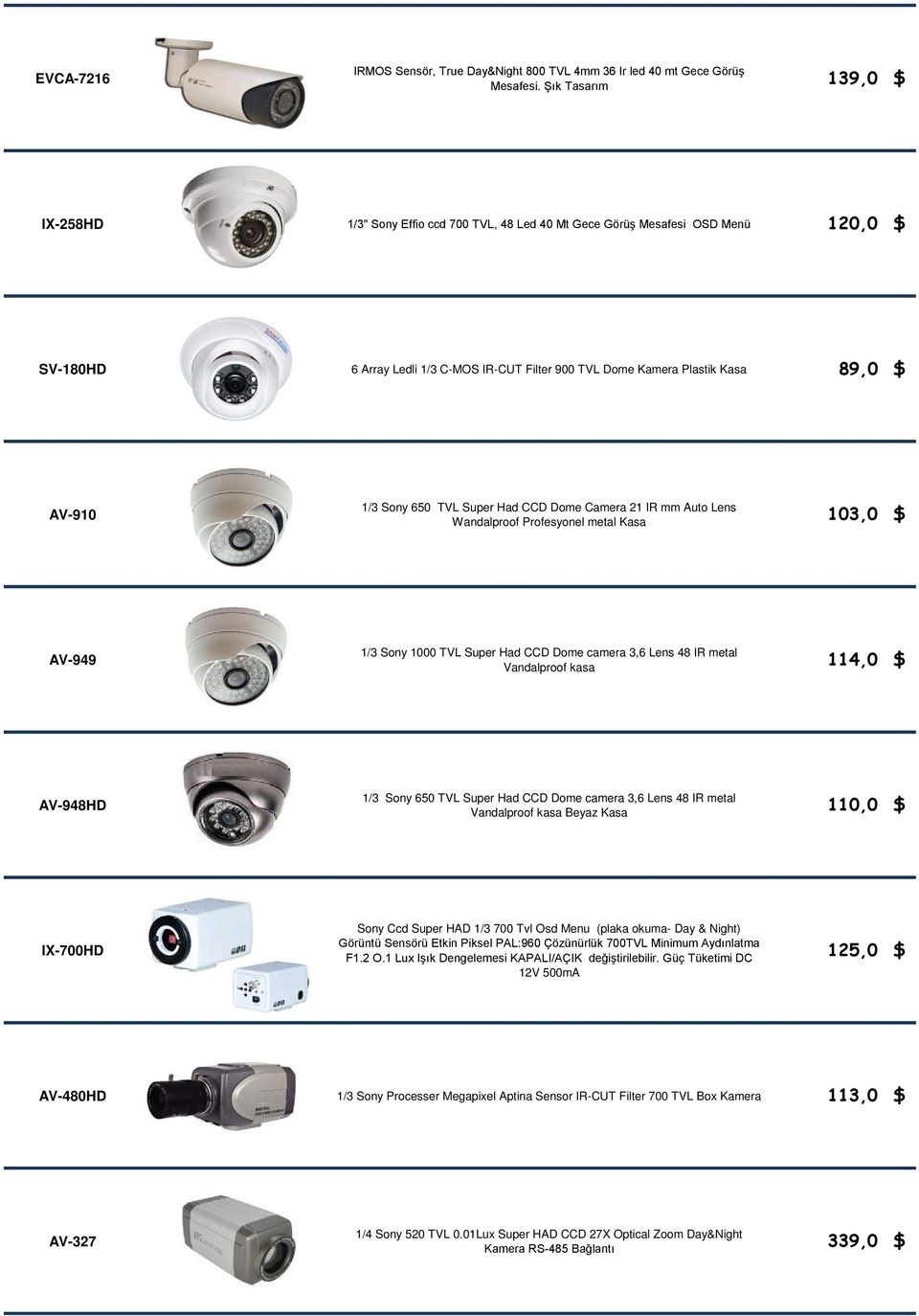 AV-910 1/3 Sony 650 TVL Super Had CCD Dome Camera 21 IR mm Auto Lens Wandalproof Profesyonel metal Kasa 103,0 $ AV-949 1/3 Sony 1000 TVL Super Had CCD Dome camera 3,6 Lens 48 IR metal Vandalproof