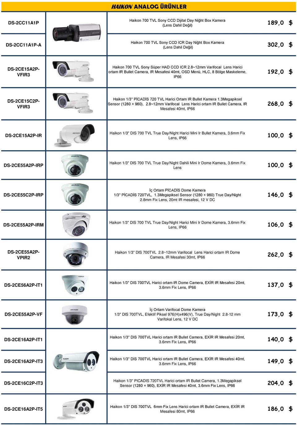 8~12mm Varifocal Lens Harici ortam IR Bullet Camera, IR Mesafesi 40mt, OSD Menü, HLC, 8 Bölge Maskeleme, IP66 192,0 $ DS-2CE15C2P- VFIR3 Haikon 1/3'' PĠCADĠS 720 TVL Harici Ortam IR Bullet Kamera 1.