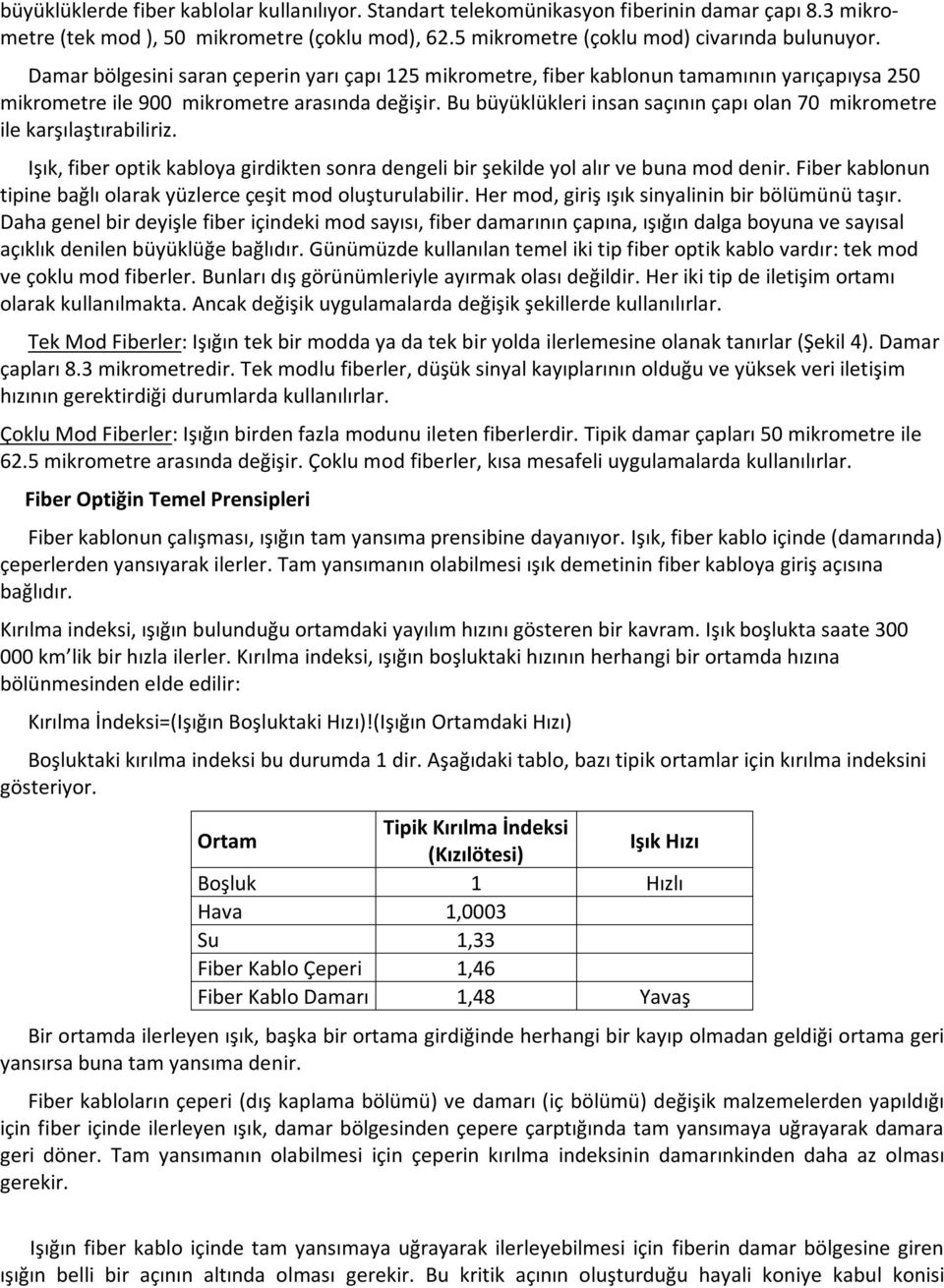 Bu büyüklükleri insan saçının çapı olan 70 mikrometre ile karşılaştırabiliriz. Işık, fiber optik kabloya girdikten sonra dengeli bir şekilde yol alır ve buna mod denir.