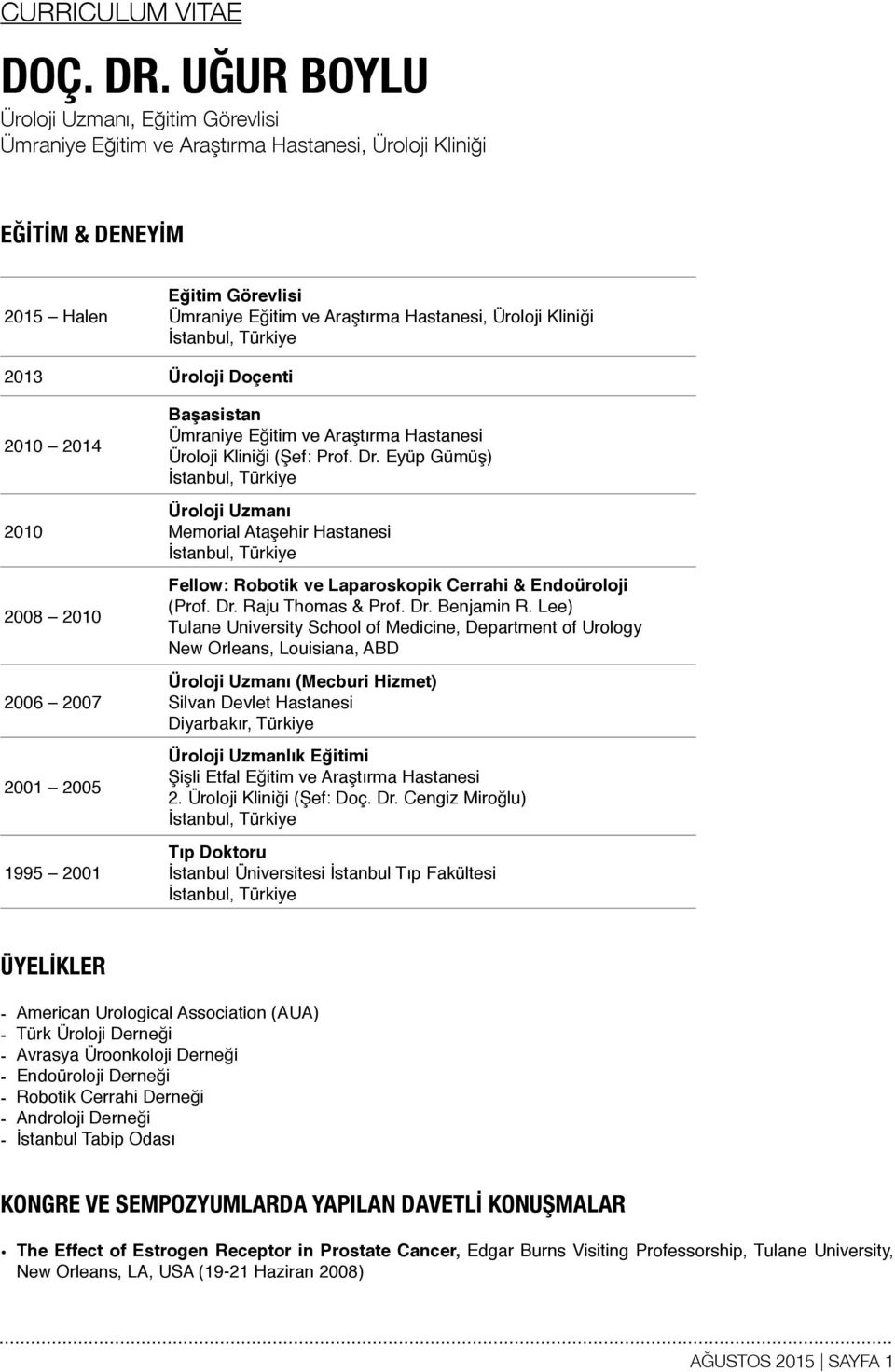 Kliniği İstanbul, Türkiye 2013 Üroloji Doçenti 2010 2014 2010 2008 2010 2006 2007 2001 2005 1995 2001 Başasistan Ümraniye Eğitim ve Araştırma Hastanesi Üroloji Kliniği (Şef: Prof. Dr.