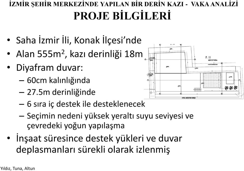 5m derinliğinde 6 sıra iç destek ile desteklenecek Seçimin nedeni yüksek yeraltı suyu seviyesi ve