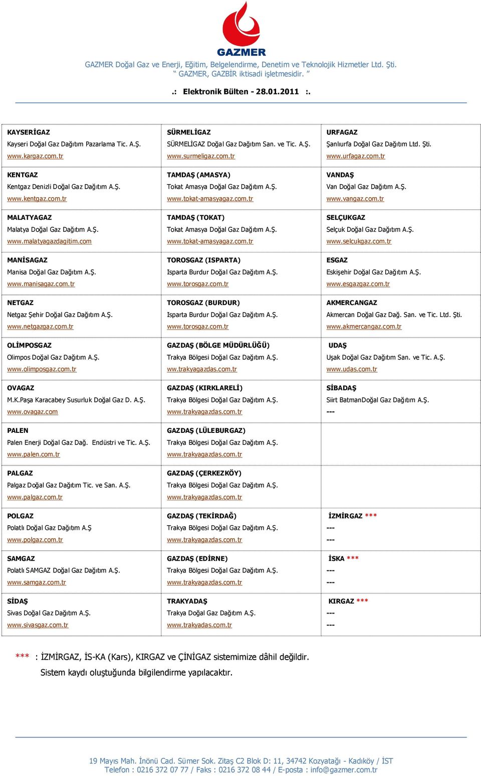 com TAMDAŞ (TOKAT) Tokat Amasya Doğal Gaz Dağıtım A.Ş. www.tokat-amasyagaz.com.tr SELÇUKGAZ Selçuk Doğal Gaz Dağıtım A.Ş. www.selcukgaz.com.tr MANİSAGAZ Manisa Doğal Gaz Dağıtım A.Ş. www.manisagaz.