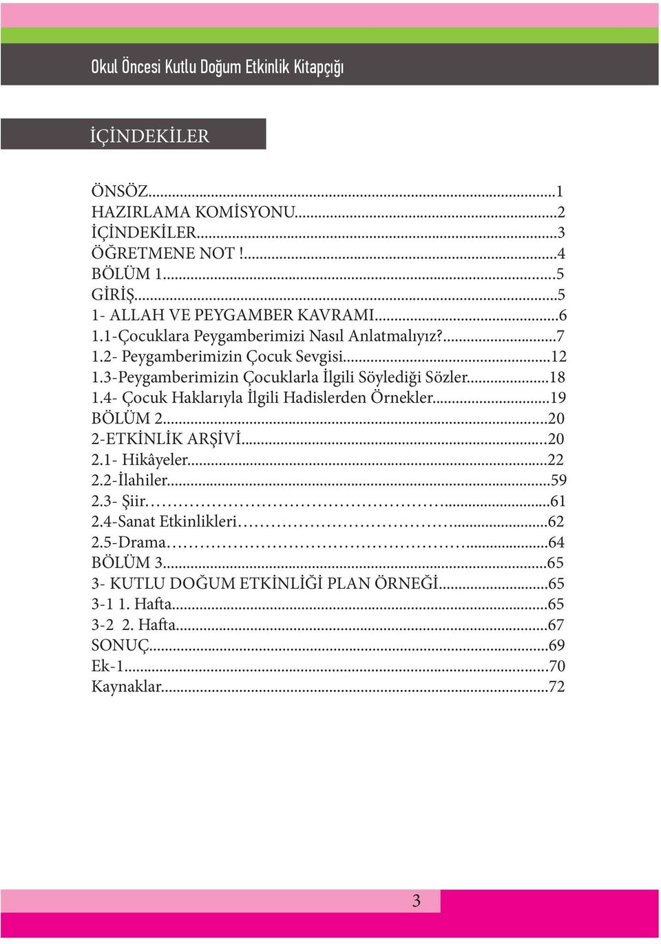 4- Çocuk Haklarıyla İlgili Hadislerden Örnekler...19 BÖLÜM 2...20 2-ETKİNLİK ARŞİVİ...20 2.1- Hikâyeler...22 2.2-İlahiler...59 2.3- Şiir...61 2.