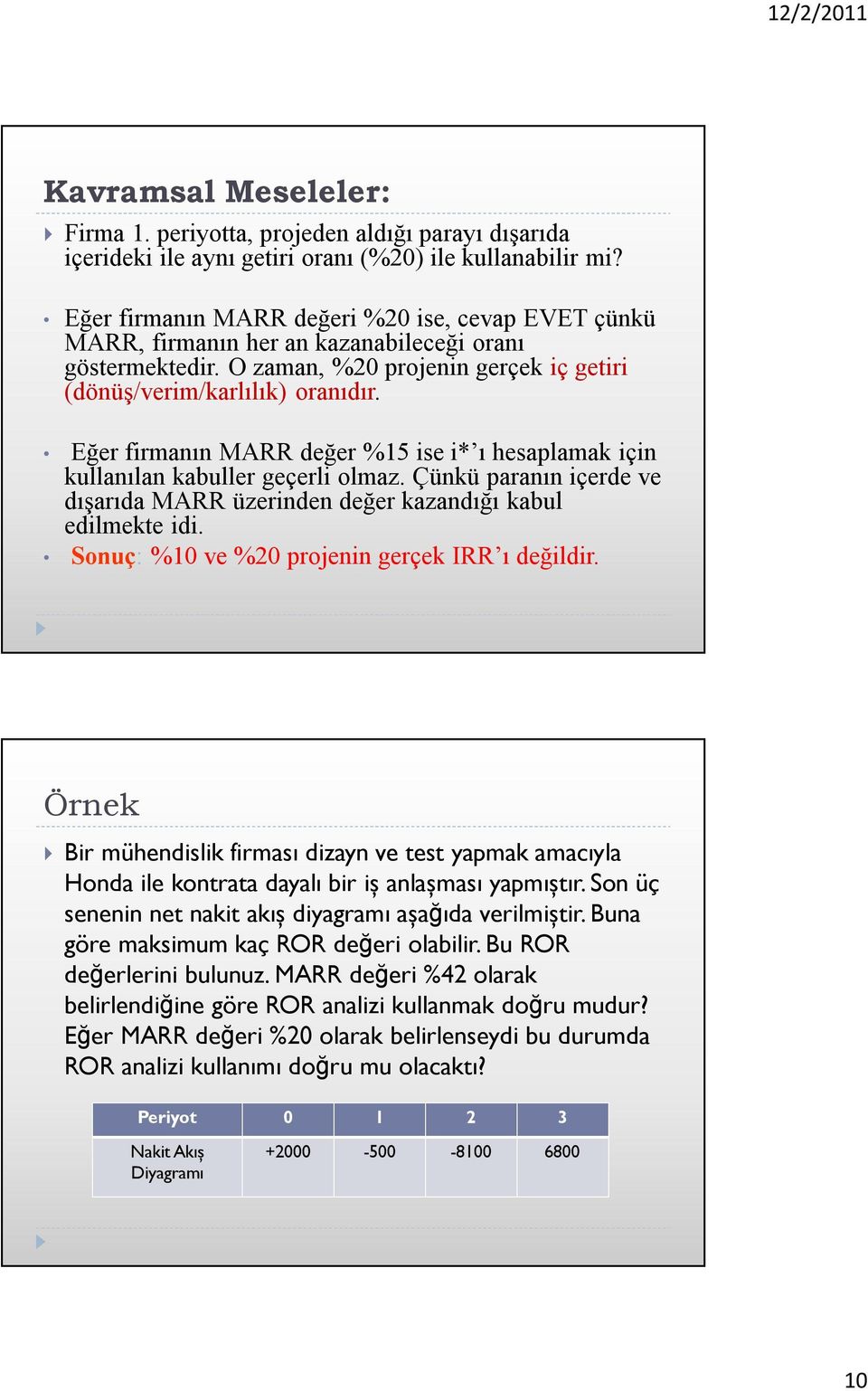 Eğer firmanın MARR değer %15 ise i* ı hesaplamak için kullanılan kabuller geçerli olmaz. Çünkü paranın içerde ve dışarıda MARR üzerinden değer kazandığı kabul edilmekte idi.