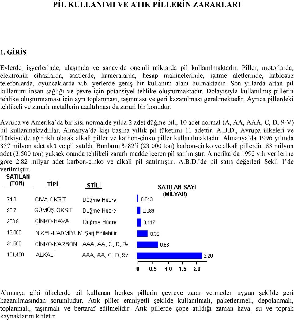 Son yıllarda artan pil kullanımı insan sağlığı ve çevre için potansiyel tehlike oluşturmaktadır.