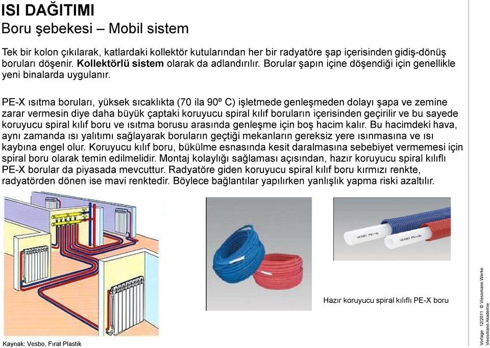 PE-X ısıtma boruları, yüksek sıcaklıkta (70 ila 90º C) işletmede genleşmeden dolayı şapa ve zemine zarar vermesin diye daha büyük çaptaki koruyucu spiral kılıf boruların içerisinden geçirilir ve bu