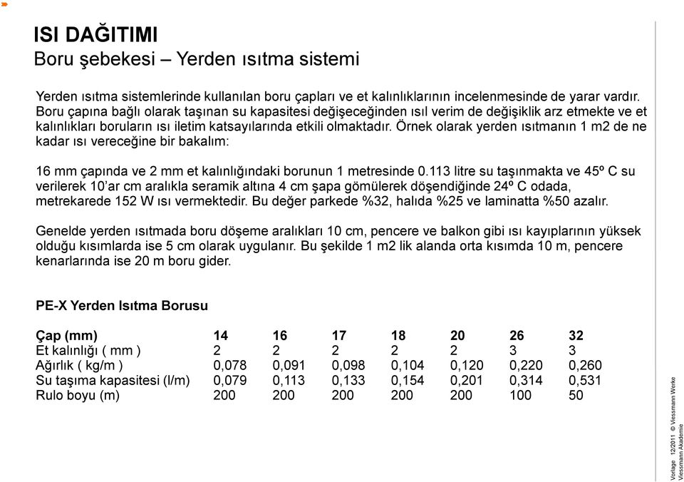 Örnek olarak yerden ısıtmanın 1 m2 de ne kadar ısı vereceğine bir bakalım: 16 mm çapında ve 2 mm et kalınlığındaki borunun 1 metresinde 0.