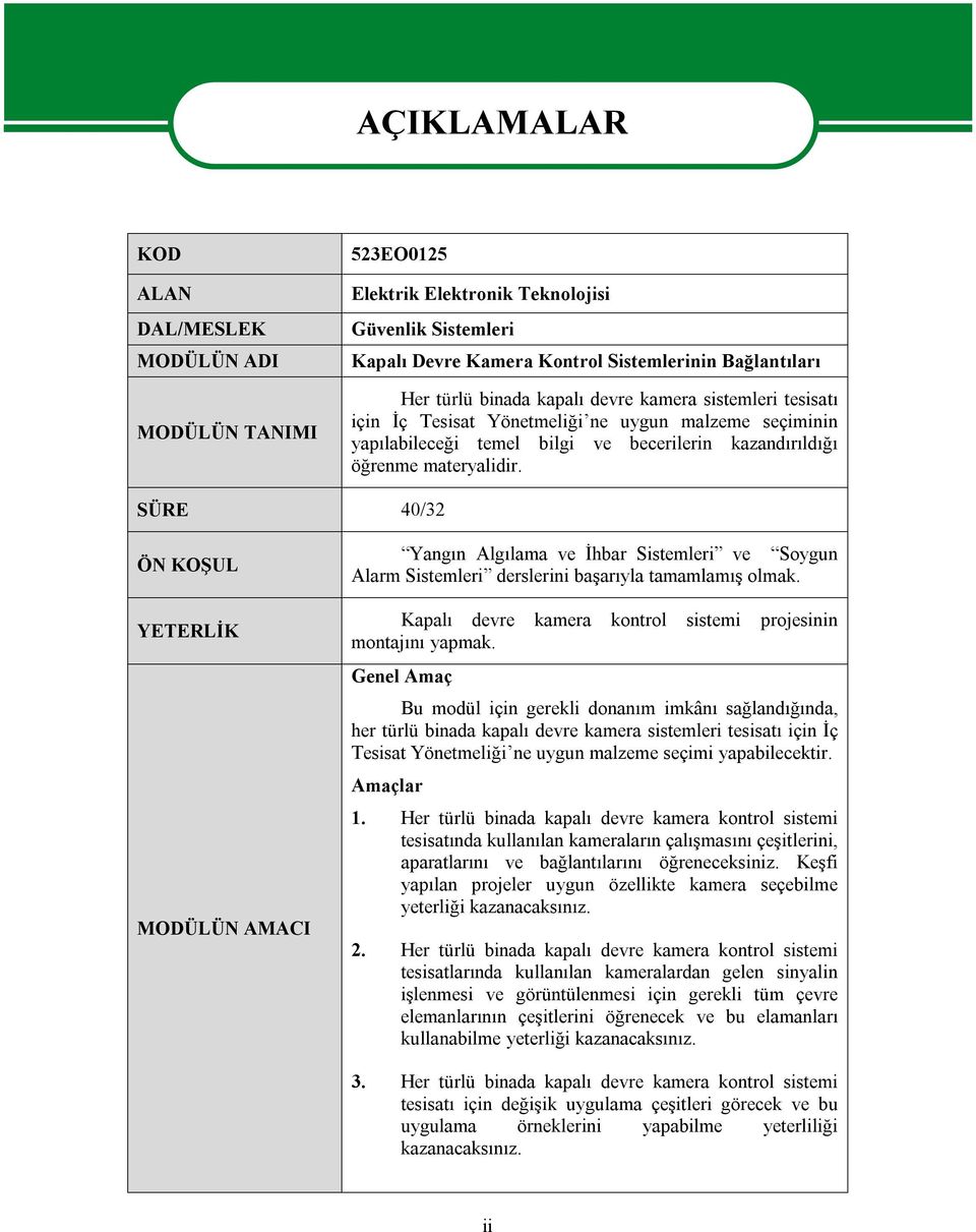 SÜRE 40/32 ÖN KOŞUL YETERLİK MODÜLÜN AMACI Yangın Algılama ve İhbar Sistemleri ve Soygun Alarm Sistemleri derslerini başarıyla tamamlamış olmak.