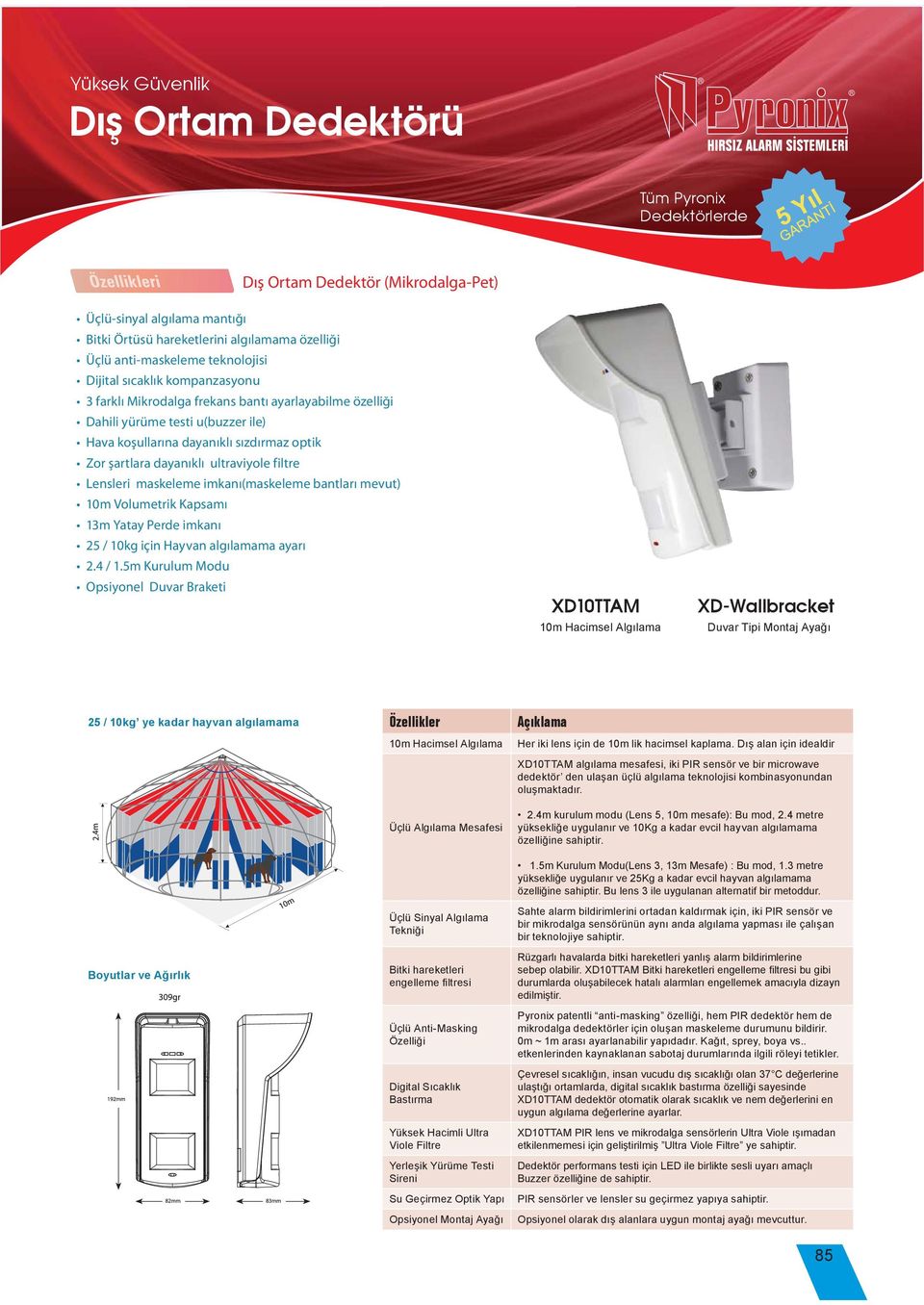 ultraviyole filtre Lensleri maskeleme imkanı(maskeleme bantları mevut) 10m Volumetrik Kapsamı 13m Yatay Perde imkanı 25 / 10kg için Hayvan algılamama ayarı 2.4 / 1.