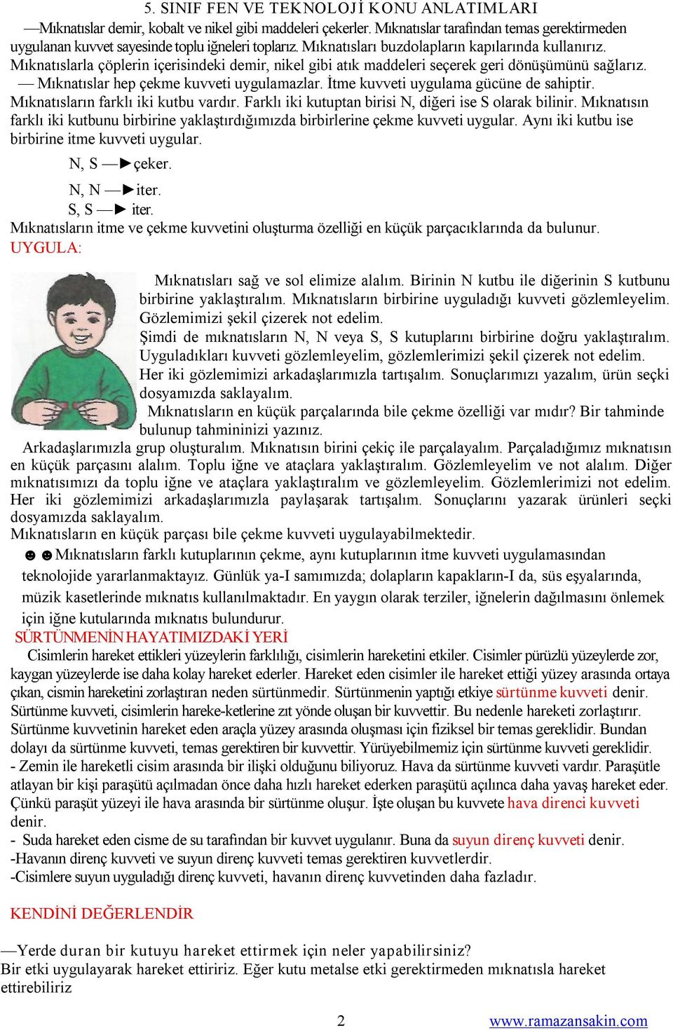 İtme kuvveti uygulama gücüne de sahiptir. Mıknatısların farklı iki kutbu vardır. Farklı iki kutuptan birisi N, diğeri ise S olarak bilinir.