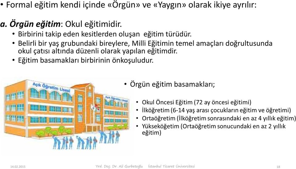 Belirli bir yaş grubundaki bireylere, Milli Eğitimin temel amaçları doğrultusunda okul çatısı altında