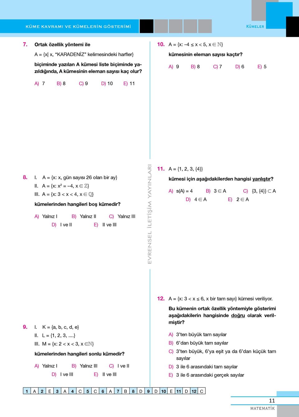 . = {,,, {}} kümesi için aşağıdakilerden hangisi yanlıştır? ) s() = ) ) {, {}} ) E) ) Yalnız I ) Yalnız II ) Yalnız III ) I ve II E) II ve III. = {: < 6, bir tam sayı} kümesi veriliyor. 9. I. K = {a, b, c, d, e} II.