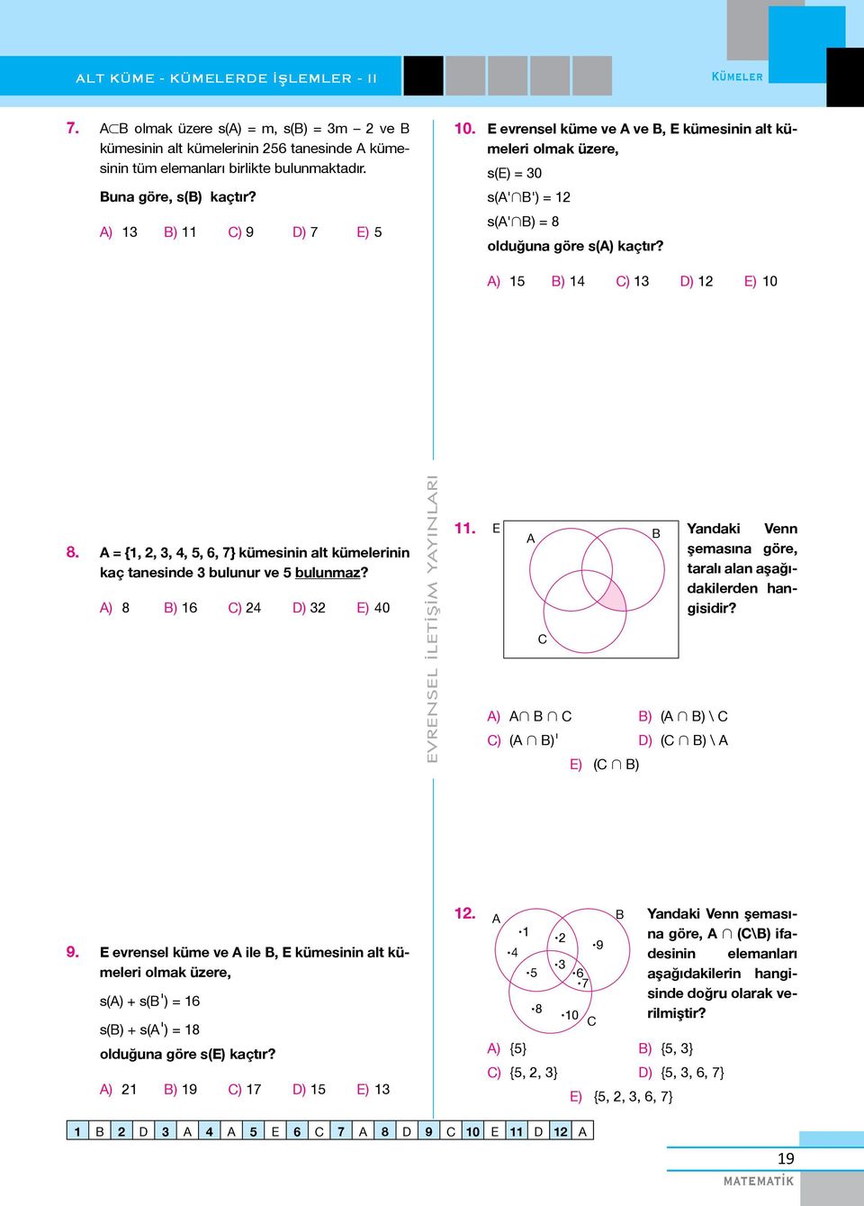 = {,,,,, 6, 7} kümesinin alt kümelerinin kaç tanesinde bulunur ve bulunmaz? ) 8 ) 6 ) ) E) 0. E Yandaki Venn şemasına göre, taralı alan aşağıdakilerden hangisidir? ) ) ( ) \ ) ( )ˡ ) ( ) \ E) ( ) 9.