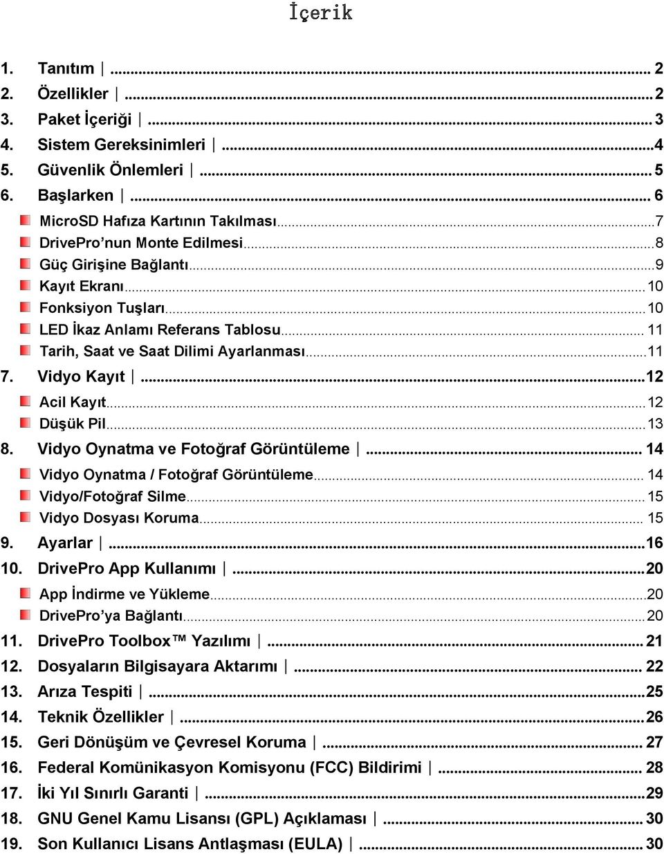 ..13 8. Vidyo Oynatma ve Fotoğraf Görüntüleme... 14 Vidyo Oynatma / Fotoğraf Görüntüleme... 14 Vidyo/Fotoğraf Silme...15 Vidyo Dosyası Koruma... 15 9. Ayarlar...16 10. DrivePro App Kullanımı.