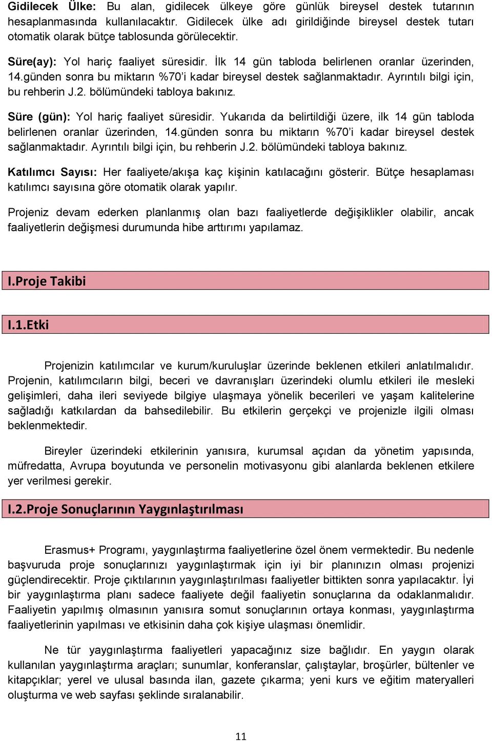 günden sonra bu miktarın %70 i kadar bireysel destek sağlanmaktadır. Ayrıntılı bilgi için, bu rehberin J.2. bölümündeki tabloya bakınız. Süre (gün): Yol hariç faaliyet süresidir.