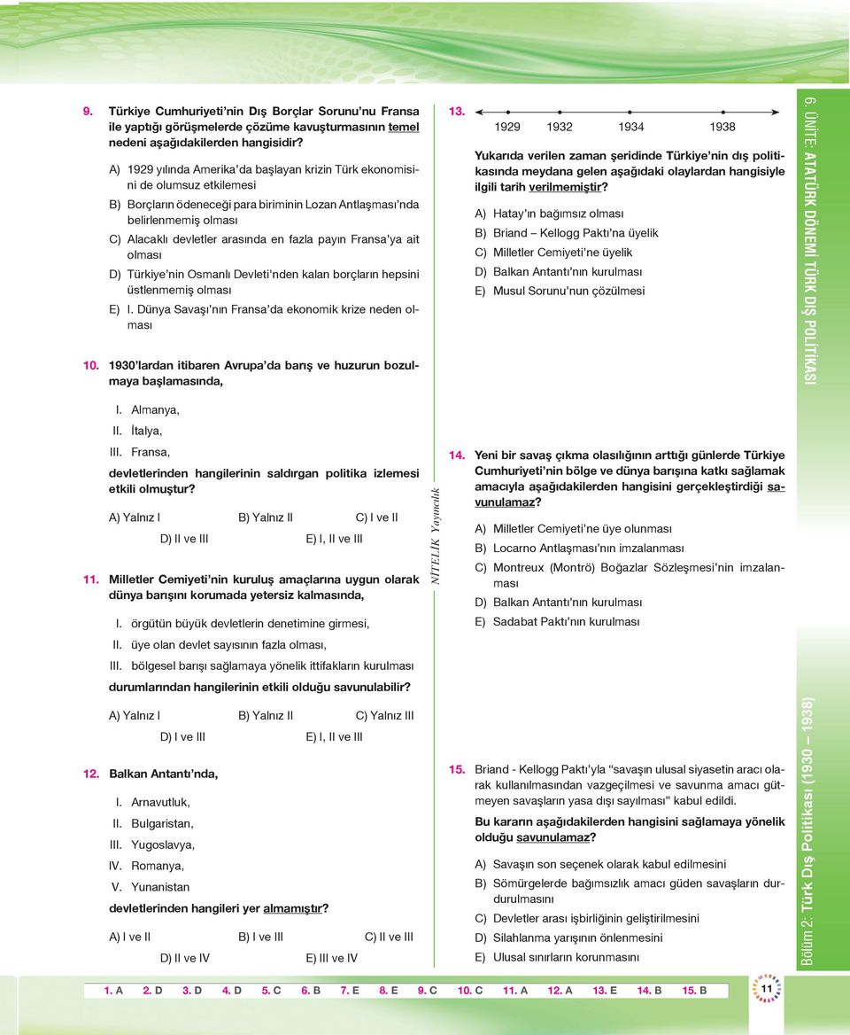 fazla payın Fransa ya ait olması D) Türkiye nin Osmanlı Devleti'nden kalan borçların hepsini üstlenmemiş olması E) I. Dünya Savaşı nın Fransa da ekonomik krize neden olması 10.