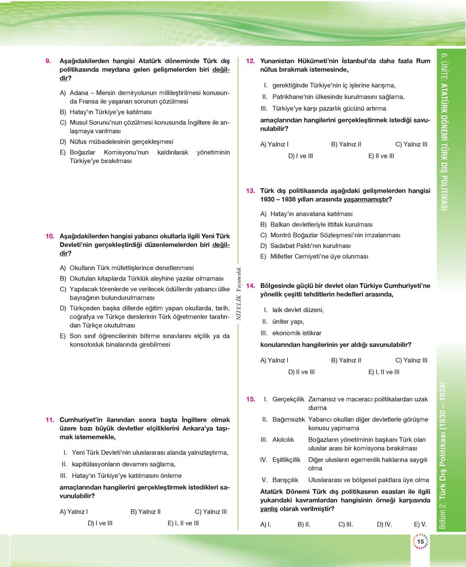 varılması D) Nüfus mübadelesinin gerçekleşmesi E) Boğazlar Komisyonu nun kaldırılarak yönetiminin Türkiye ye bırakılması 10.