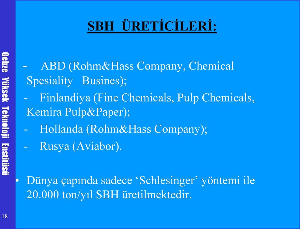 Kemira Pulp&Paper); - Hollanda (Rohm&Hass Company); - Rusya (Aviabor).