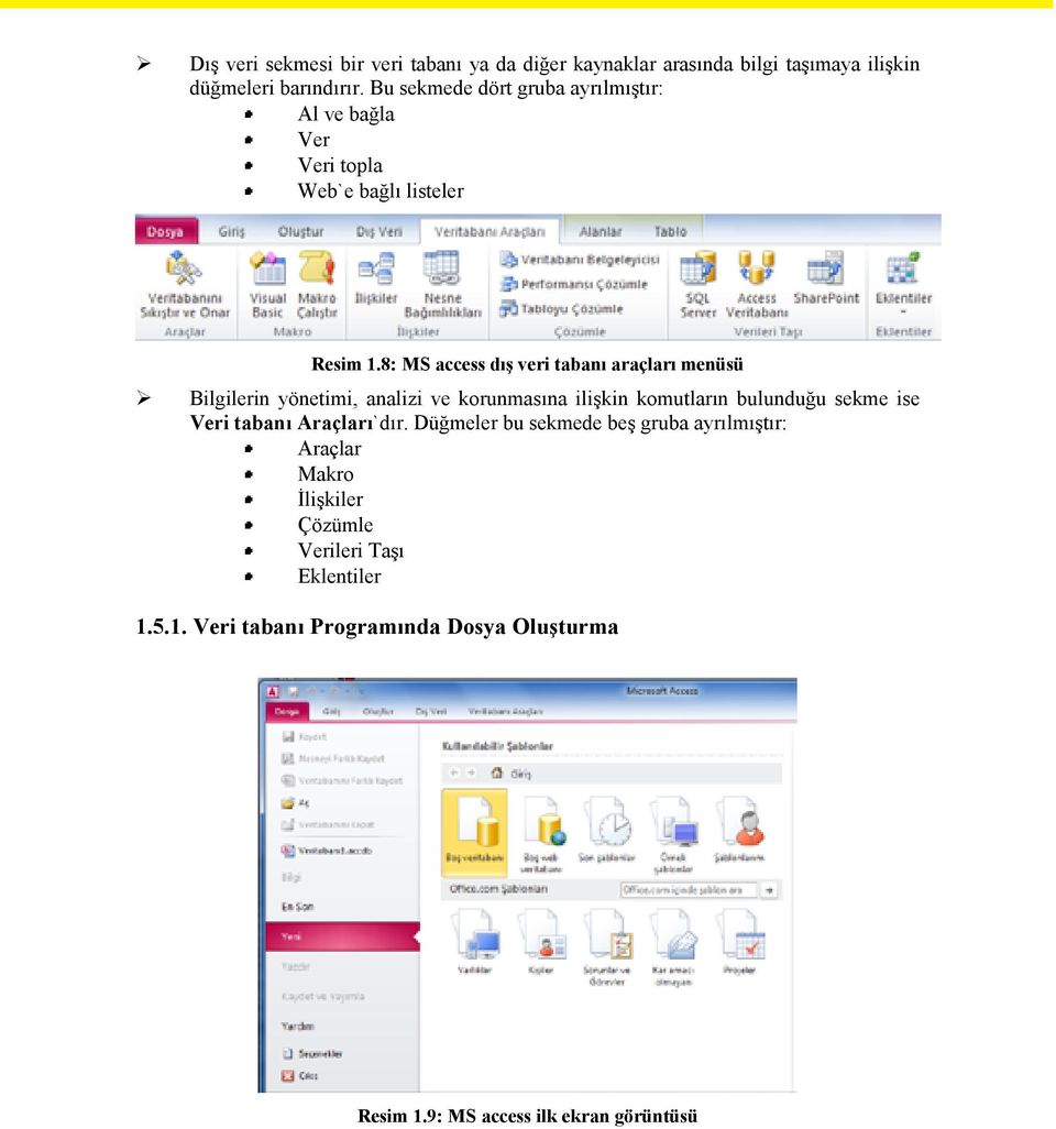 8: MS access dış veri tabanı araçları menüsü Bilgilerin yönetimi, analizi ve korunmasına ilişkin komutların bulunduğu sekme ise Veri