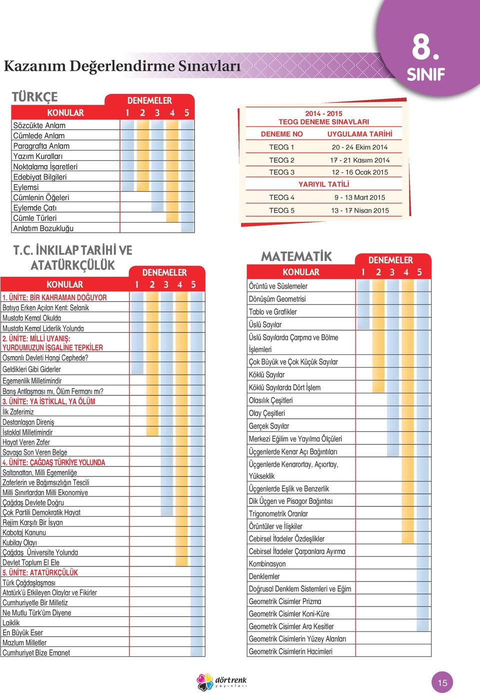 2014-2015 TEOG DENEME SINAVLARI DENEME NO UYGULAMA TARİHİ TEOG 1 20-24 Ekim 2014 TEOG 2 17-21 Kasım 2014 TEOG 3 12-16 Ocak 2015 YARIYIL TATİLİ TEOG 4 9-13 Mart 2015 TEOG 5 13-17 Nisan 2015 T.C.