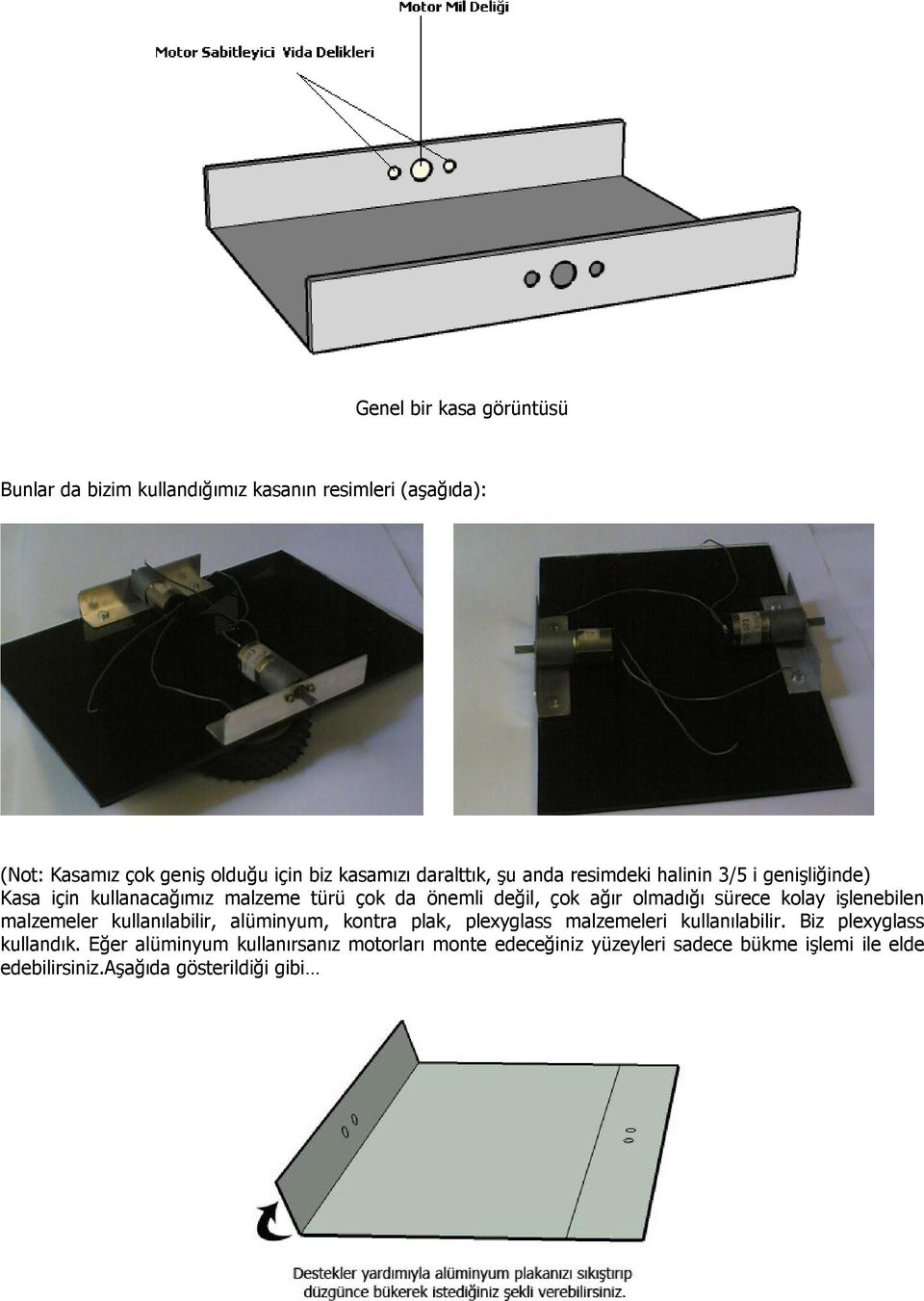 sürece kolay işlenebilen malzemeler kullanılabilir, alüminyum, kontra plak, plexyglass malzemeleri kullanılabilir.