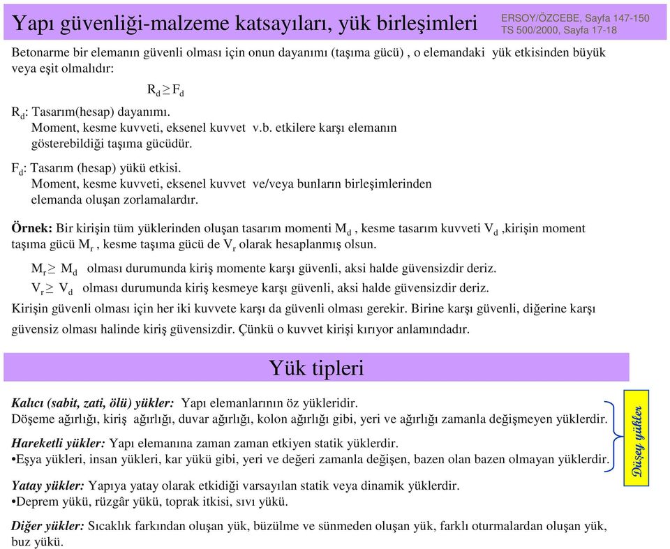 F d : Tasarım (hesap) yükü etkisi. Moment, kesme kuvveti, eksenel kuvvet ve/veya bunların birleşimlerinden elemanda oluşan zorlamalardır.