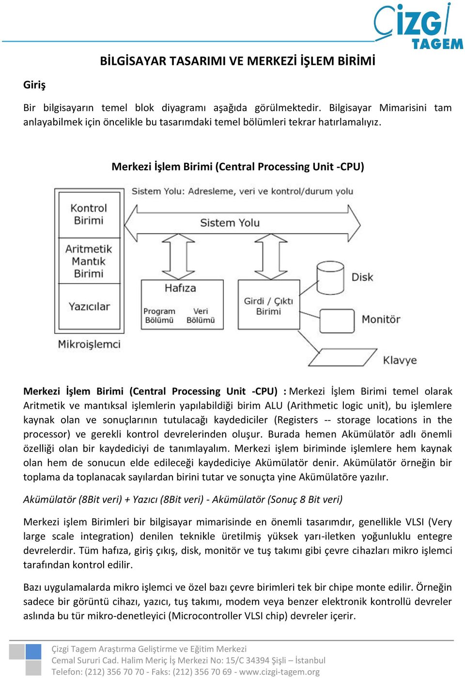 Merkezi İşlem Birimi (Central Processing Unit -CPU) Merkezi İşlem Birimi (Central Processing Unit -CPU) : Merkezi İşlem Birimi temel olarak Aritmetik ve mantıksal işlemlerin yapılabildiği birim ALU