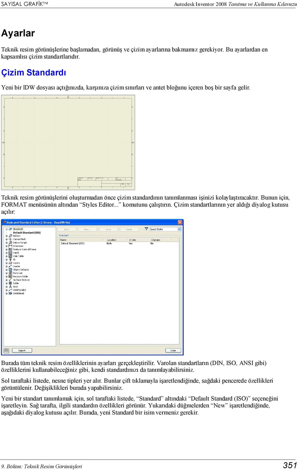 Teknik resim görünüşlerini oluşturmadan önce çizim standardının tanımlanması işinizi kolaylaştıracaktır. Bunun için, FORMAT menüsünün altından Styles Editor... komutunu çalıştırın.