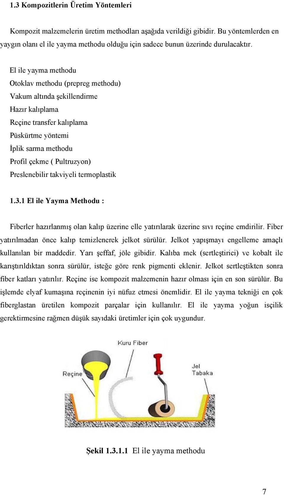 El ile yayma methodu Otoklav methodu (prepreg methodu) Vakum altında şekillendirme Hazır kalıplama Reçine transfer kalıplama Püskürtme yöntemi İplik sarma methodu Profil çekme ( Pultruzyon)