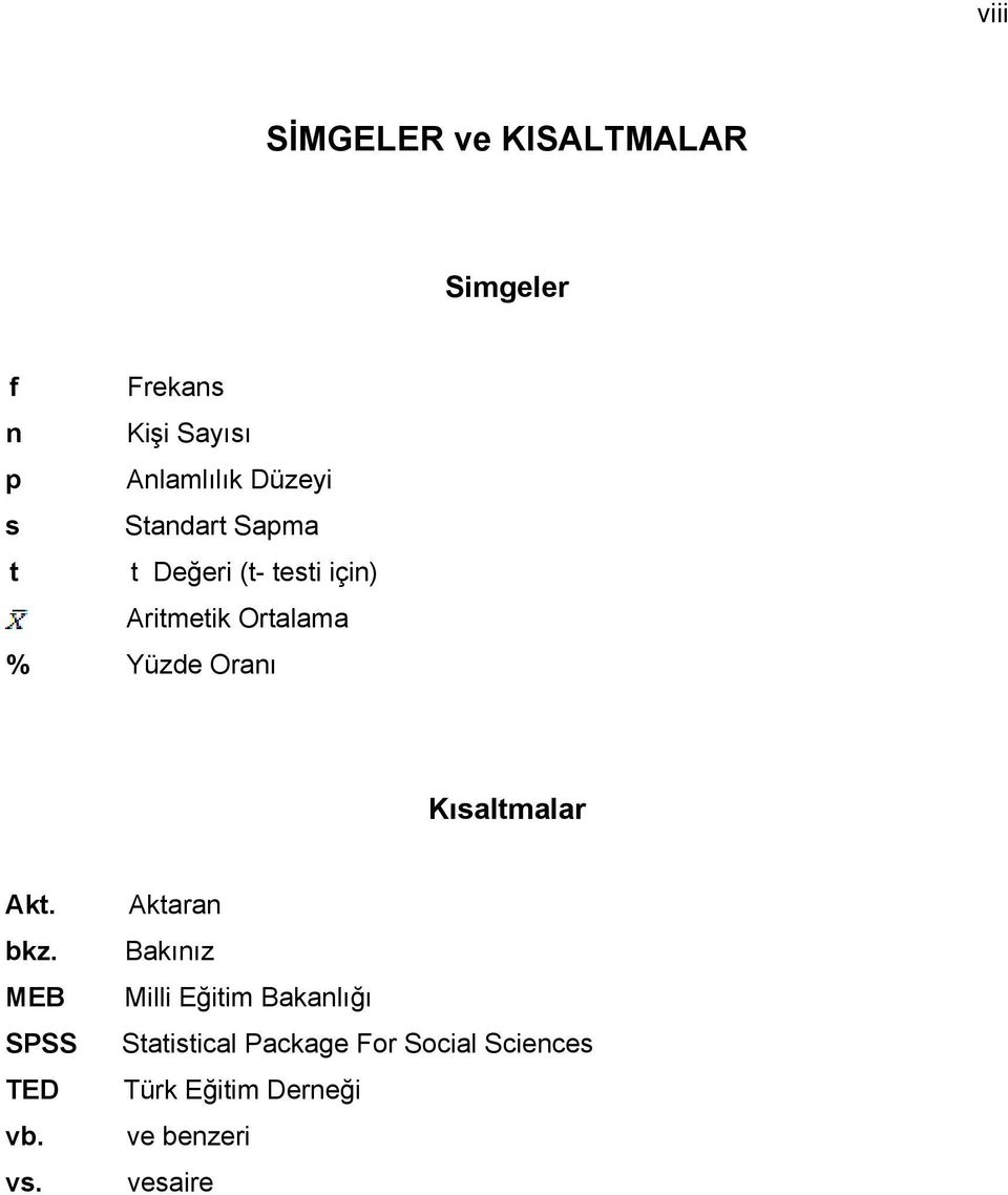 Oranı Kısaltmalar Akt. bkz. MEB SPSS TED vb. vs.