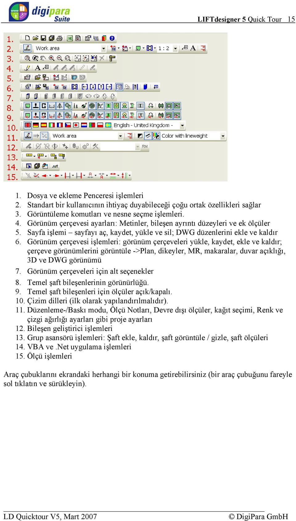 Görünüm çerçevesi işlemleri: görünüm çerçeveleri yükle, kaydet, ekle ve kaldır; çerçeve görünümlerini görüntüle ->Plan, dikeyler, MR, makaralar, duvar açıklığı, 3D ve DWG görünümü 7.