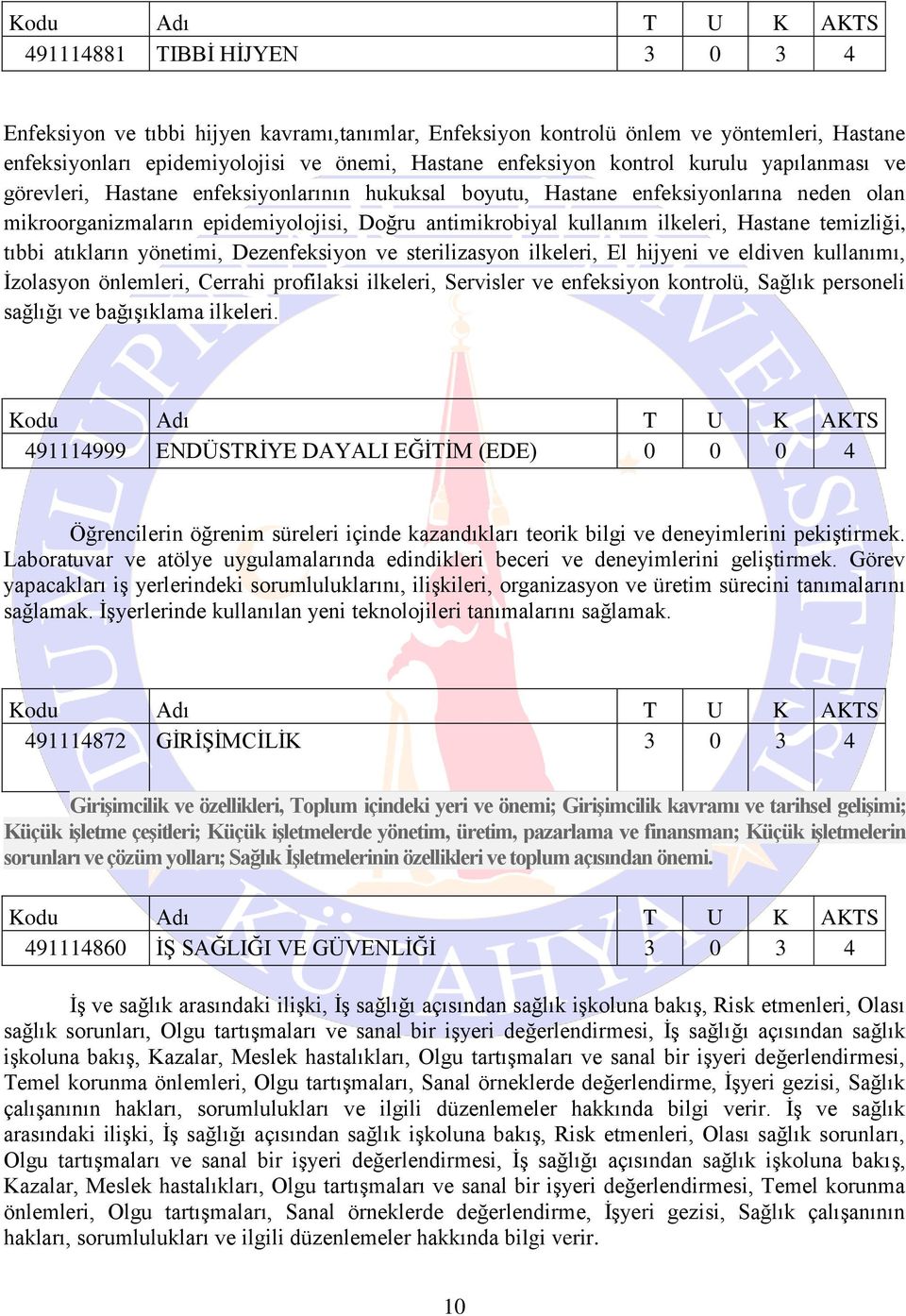 temizliği, tıbbi atıkların yönetimi, Dezenfeksiyon ve sterilizasyon ilkeleri, El hijyeni ve eldiven kullanımı, İzolasyon önlemleri, Cerrahi profilaksi ilkeleri, Servisler ve enfeksiyon kontrolü,