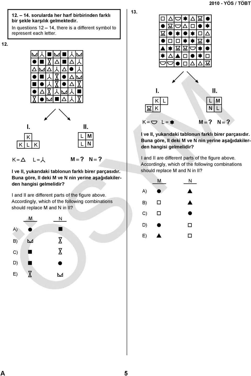 K = L = M =? N =? I ve II, yukarıdaki tablonun farklı birer parçasıdır. Buna göre, II deki M ve N nin yerine aşağıdakilerden hangisi gelmelidir? I and II are different parts of the figure above.