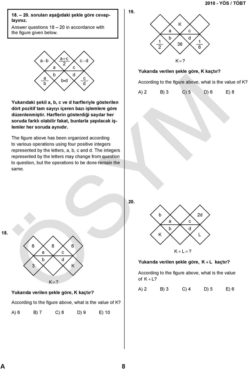 A) B) 3 C) 5 D) 6 E) 8 Yukarıdaki şekil a, b, c ve d harfleriyle gösterilen dört pozitif tam sayıyı içeren bazı işlemlere göre düzenlenmiştir.