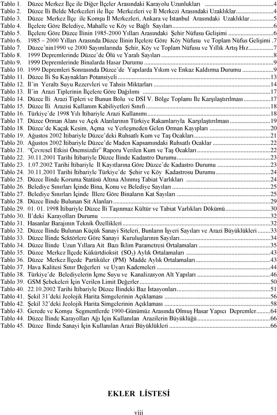 İlçelere Göre Düzce İlinin 19852000 Yılları Arasındaki Şehir Nüfusu Gelişimi... 6 Tablo 6. 1985 2000 Yılları Arasında Düzce İlinin İlçelere Göre Köy Nüfusu ve Toplam Nüfus Gelişimi. 7 Tablo 7.