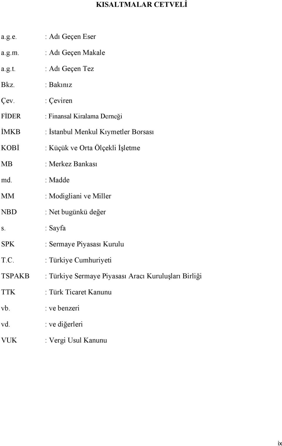 Bankası : Madde : Modigliani ve Miller : Net bugünkü değer s : Sayfa SPK TC TSPAKB TTK vb vd VUK : Sermaye Piyasası Kurulu :