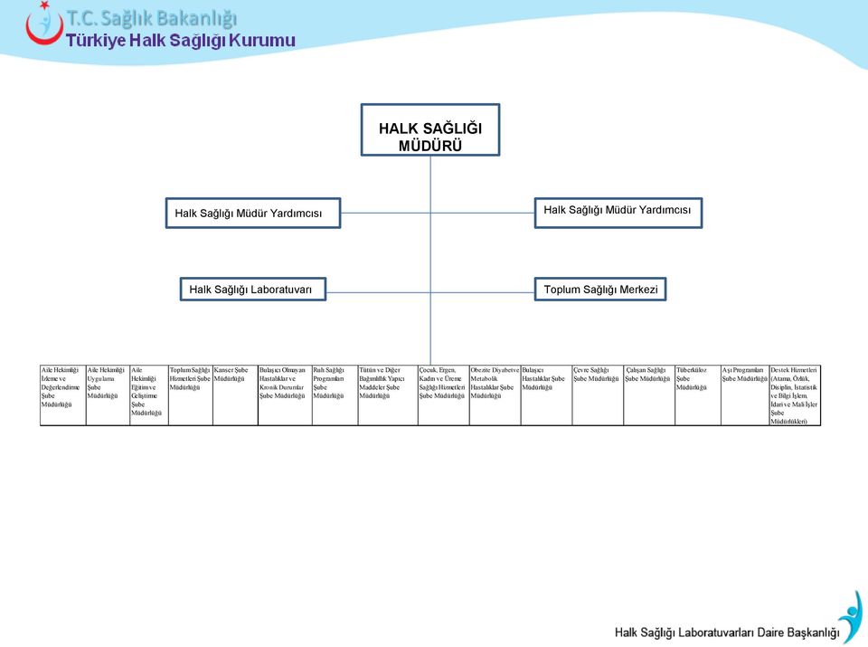 Şube Müdürlüğü Ruh Sağlığı Programları Şube Müdürlüğü Tütün ve Diğer Bağımlıllık Yapıcı Maddeler Şube Müdürlüğü Çocuk, Ergen, Kadın ve Üreme Sağlığı Hizmetleri Şube Müdürlüğü Obezite Diyabetve