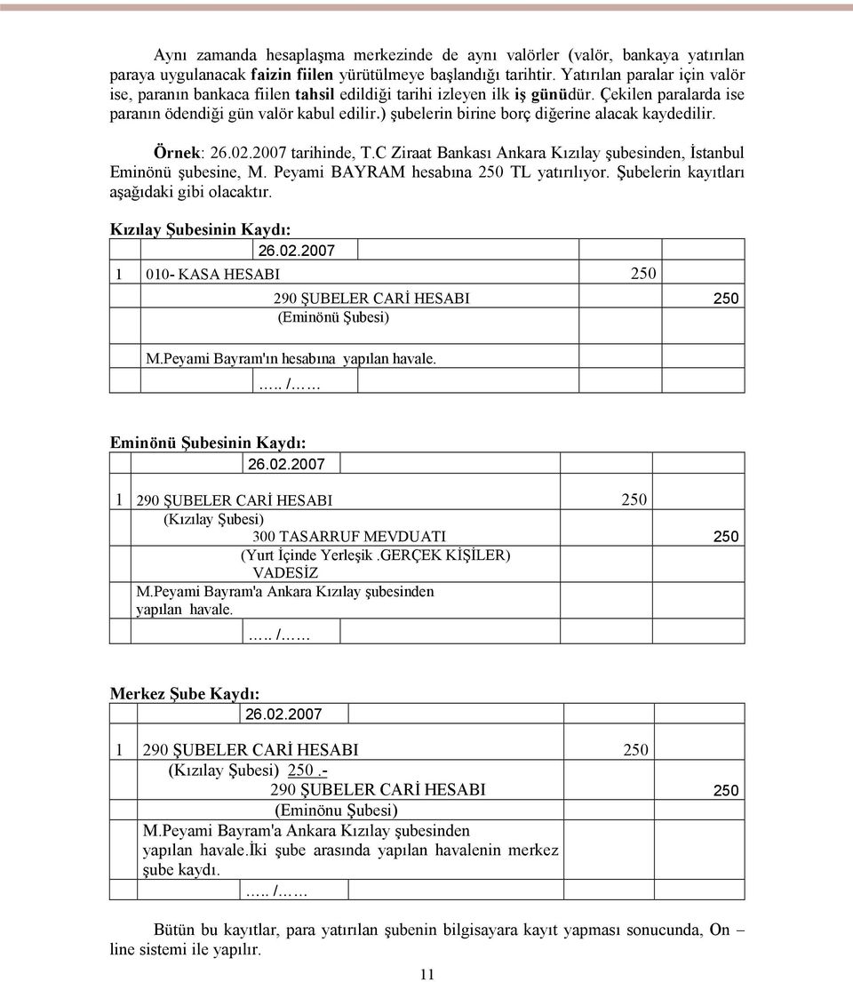 ) şubelerin birine borç diğerine alacak kaydedilir. Örnek: 26.02.2007 tarihinde, T.C Ziraat Bankası Ankara Kızılay şubesinden, İstanbul Eminönü şubesine, M. Peyami BAYRAM hesabına 250 TL yatırılıyor.