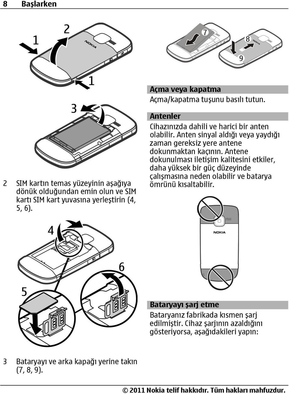 Antenler Cihazınızda dahili ve harici bir anten olabilir. Anten sinyal aldığı veya yaydığı zaman gereksiz yere antene dokunmaktan kaçının.