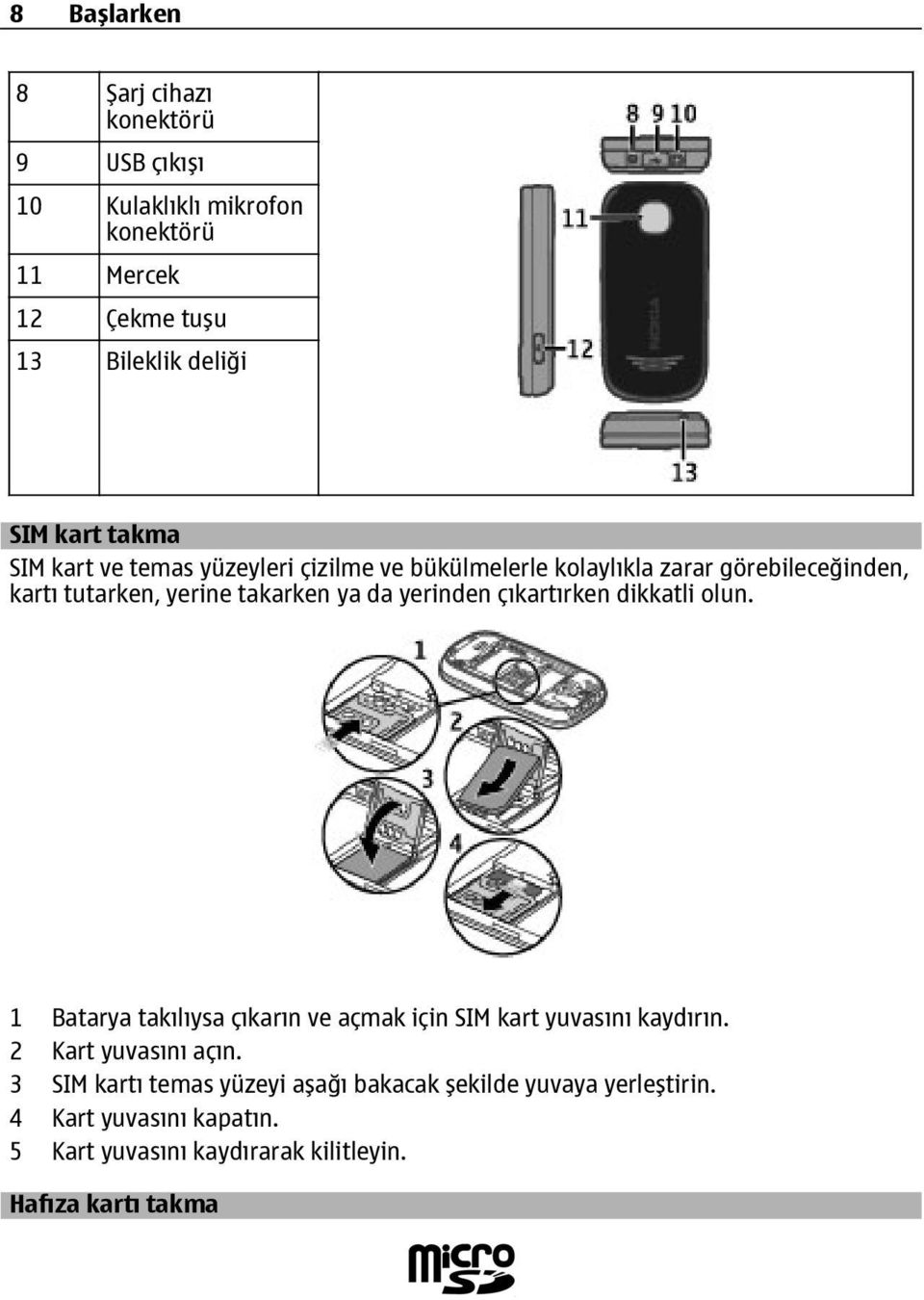 yerinden çıkartırken dikkatli olun. 1 Batarya takılıysa çıkarın ve açmak için SIM kart yuvasını kaydırın. 2 Kart yuvasını açın.